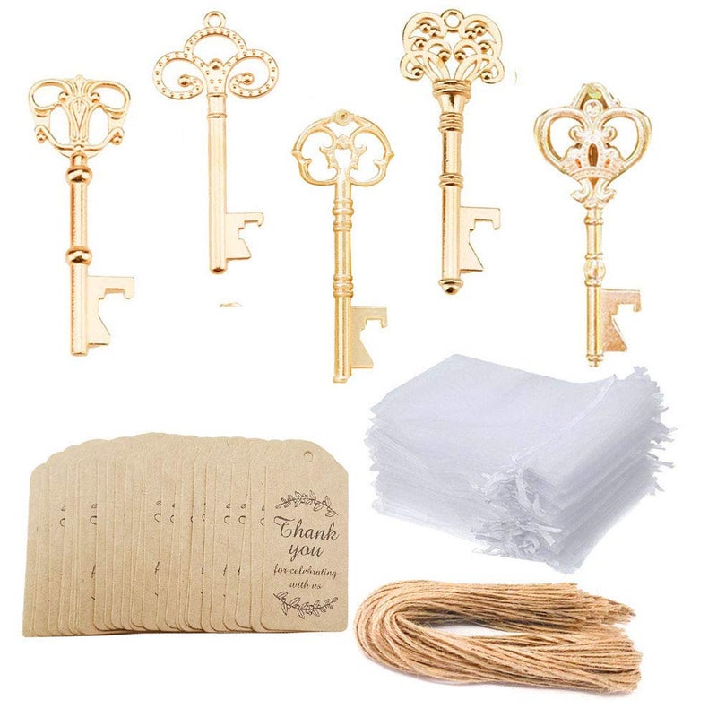 Bodosac Awtlife 50 Pcs KC Gold Skeleton Key Bottle Opener 5 Style with Tag Cards Sheer Bag for Wedding Party Favors Christmas - Image 1